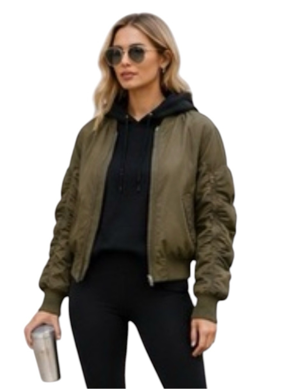 Z by Zella Ruched Sleeve Bomber Jacket Olive Green Size Medium NWT
